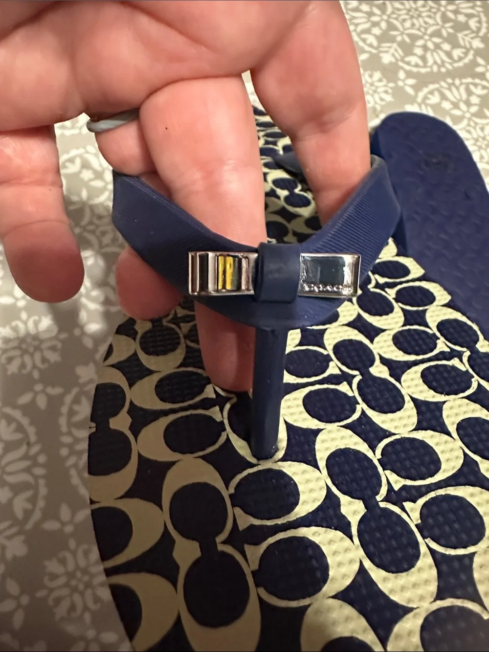 Coach Navy & Cream Bow Adorned Flip Flops